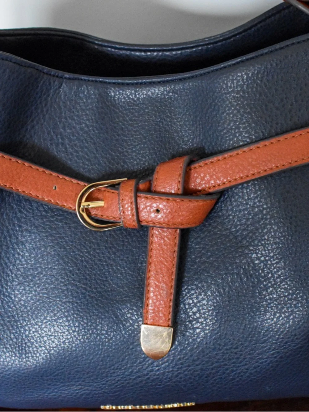 Jones New York Satchel in Cognac and Blue Top Handle w/Strap and Belted Detail - Picture 3 of 8